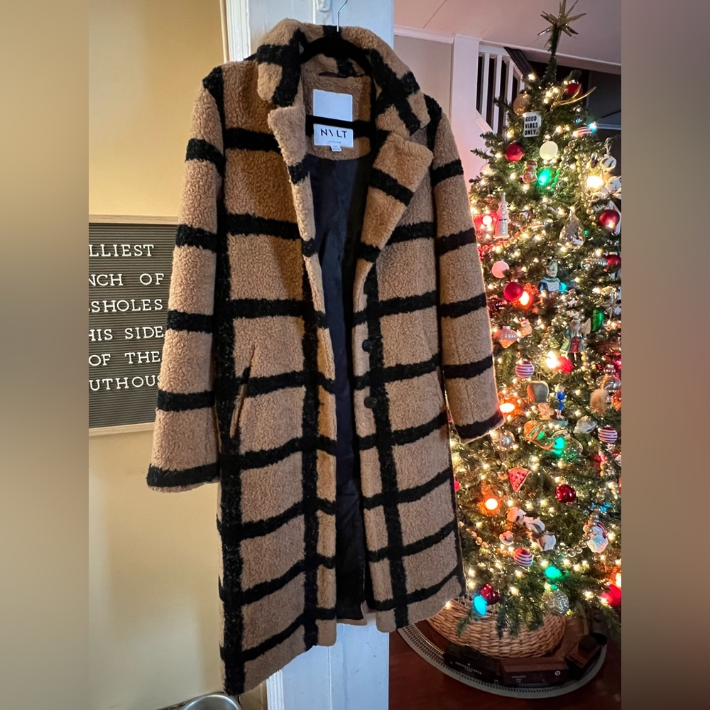Anthropologie NVLT Berber Plaid Window Pane Longline Teddy Coat M *Price Firm*